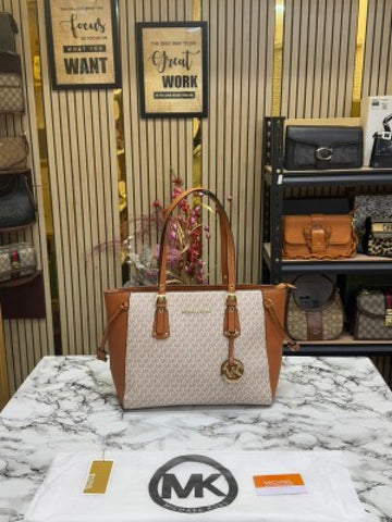 Michael Kors Voyager Leather Satchel Beige Brown