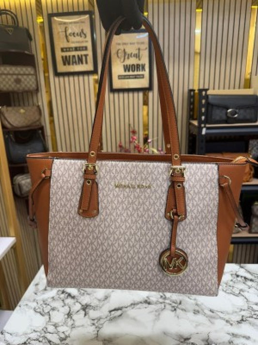 Michael Kors Voyager Leather Satchel Beige Brown