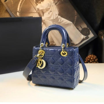 Christian Dior Lady Dior Handbag Leather Glossy Blue