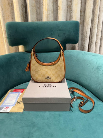 Coach Carmen Mini Crossbody In Signature Jacquard Light Apricot With Caramel