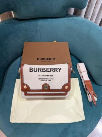 Burberry Horseferry Canvas Leather Shoulder Bag Beige Brown With OG Box & Dust Bag 1208 White Canvas