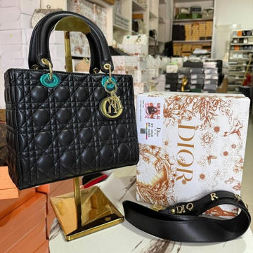 Christian Dior Lady Dior Handbag Leather Matte Black