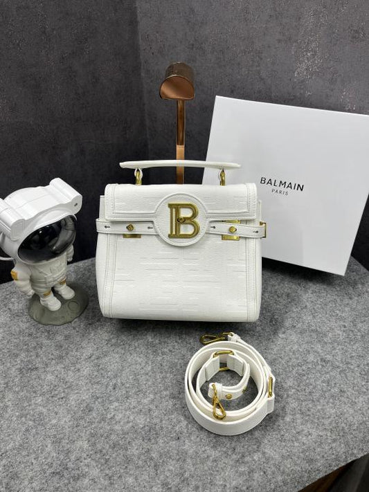 Balmain B-Buzz 23 Leather Tote Bag Litchi Grain White