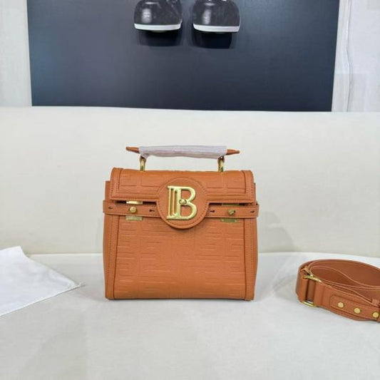 Balmain B-Buzz 23 Leather Tote Bag Litchi Grain Brown