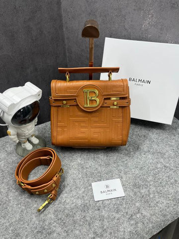 Balmain B-Buzz 23 Leather Tote Bag Litchi Grain Brown