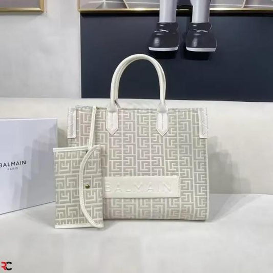 Balmain B-Army Jacquard Apricot Tote Bag With Pouch