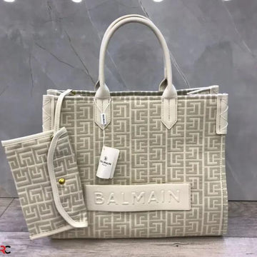 Balmain B-Army Jacquard Apricot Tote Bag With Pouch