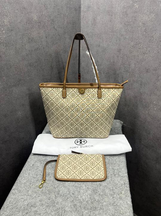 Tory Burch Big Tote Jacquard Signature With Pouch Brown