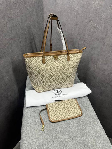 Tory Burch Big Tote Jacquard Signature With Pouch Brown