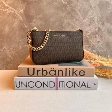 Michael Kors MK MD Chain Pouchette Bag With OG Box & Dust Bag 1930 Coffee Brown