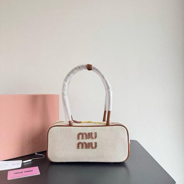 Miu Miu Beau Leather Canvas Brown Top-Handle Bag With Dust Bag Canvas Brown 502-1