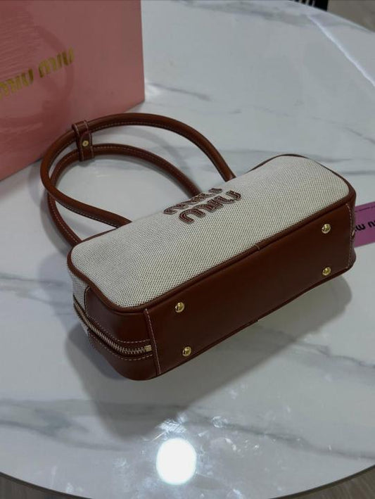 Miu Miu Beau Leather Canvas Brown Top-Handle Bag With Dust Bag Canvas Brown 502-1