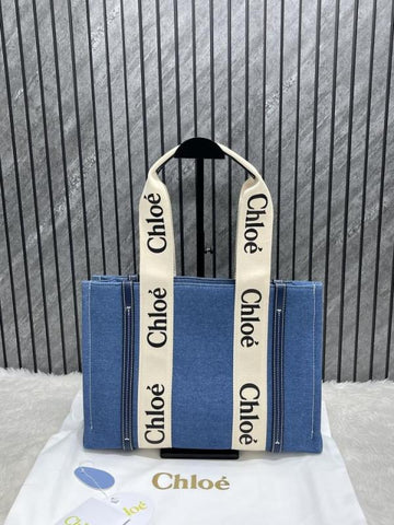 Chloe Denim Medium Canvas Woody Tote With Dust Cover Denim Blue