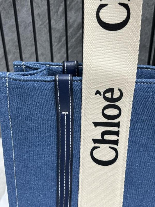 Chloe Denim Medium Canvas Woody Tote With Dust Cover Denim Blue