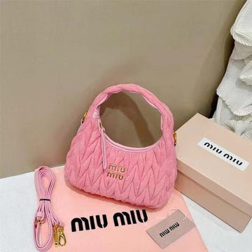Miu Miu Wander Hobo Bag Pink Velvet Matelass Nappa Leather Pink 2506