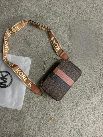 Michael Kors Jet Set Signature Logo Striped Small Camera Crossbody Bag Coffee With OG Box Dust Cover & Carry Bag 248 Coffee