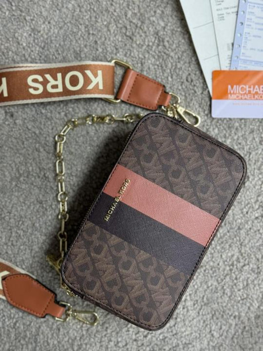 Michael Kors Jet Set Signature Logo Striped Small Camera Crossbody Bag Coffee With OG Box Dust Cover & Carry Bag 248 Coffee