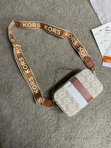 Michael Kors Jet Set Signature Logo Striped Small Camera Crossbody Bag Beige With OG Box Dust Cover & Carry Bag 248 Beige