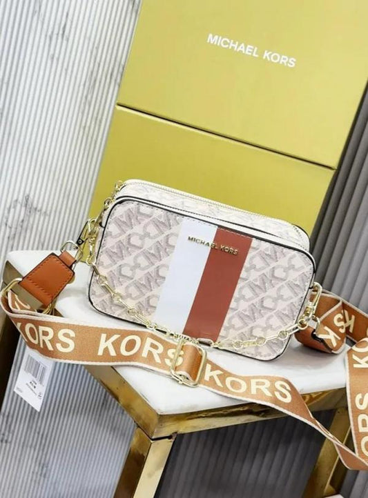 Michael Kors Jet Set Signature Logo Striped Small Camera Crossbody Bag Beige With OG Box Dust Cover & Carry Bag 248 Beige