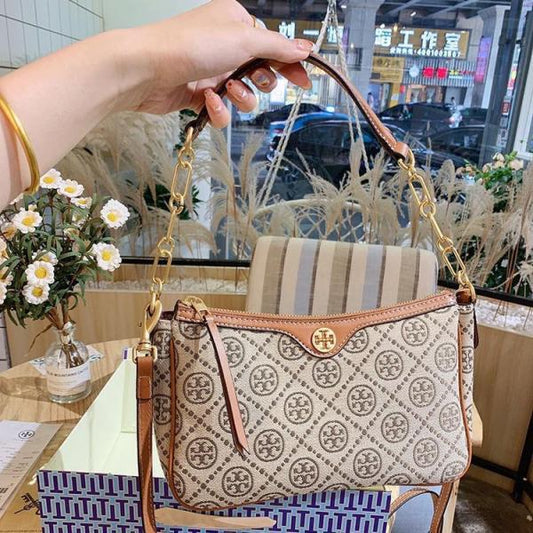 Tory Burch T Monogram Jacquard Top Handle Sling Bag Brown