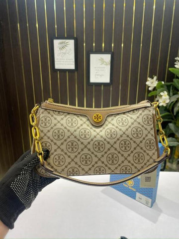 Tory Burch T Monogram Jacquard Top Handle Sling Bag Brown