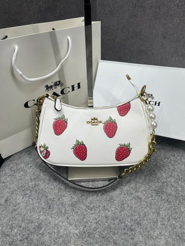 Coach Teri Shoulder Bag Signature Canvas Strawberry White