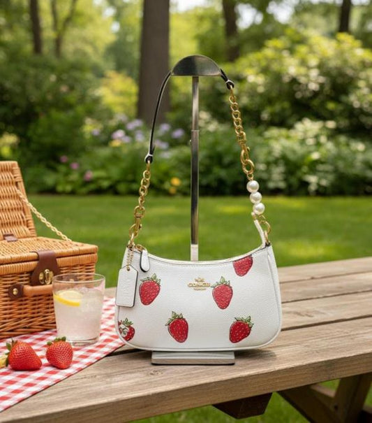 Coach Teri Shoulder Bag Signature Canvas Strawberry White