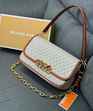 Michael Kors Parker Medium Logo Shoulder Bag With Dust Bag & OG Box 22319 Beige Brown