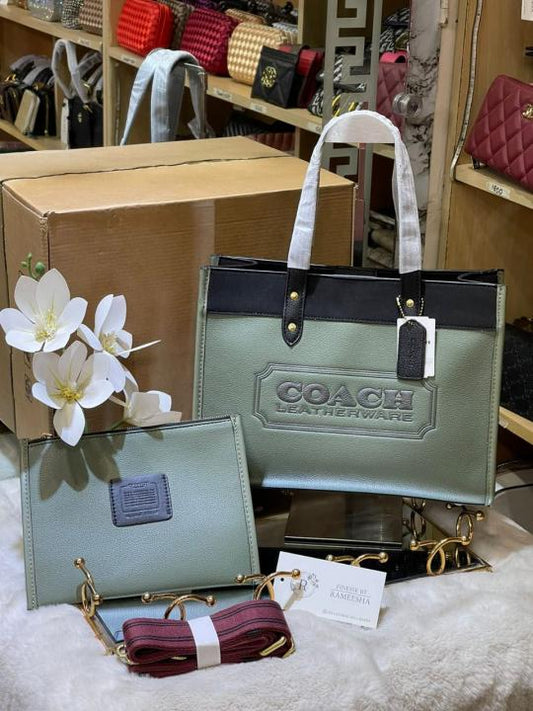 Coach Field Tote 30 Authenic Black Canvas Olive Leather