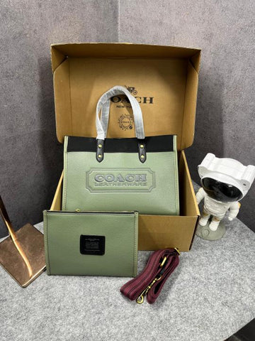 Coach Field Tote 30 Authenic Black Canvas Olive Leather