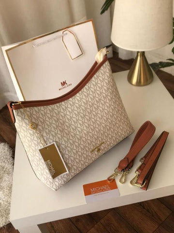 Michael Kors Maeve Large Logo Tote Bag With Dust Cover & Carry Bag M8453 Beige Brown