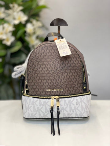 Michael Kors Rhea Medium Color-Block Brown Logo Backpack Brown 0089-1 Coffee With Dust Bag
