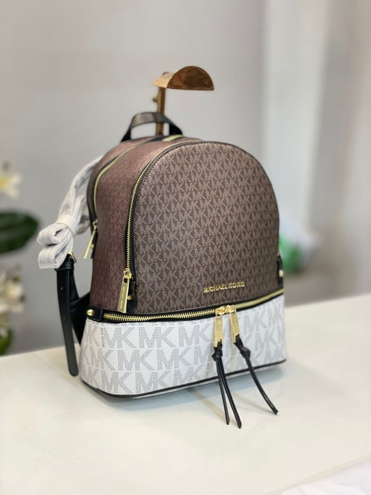 Michael Kors Rhea Medium Color-Block Brown Logo Backpack Brown 0089-1 Coffee With Dust Bag