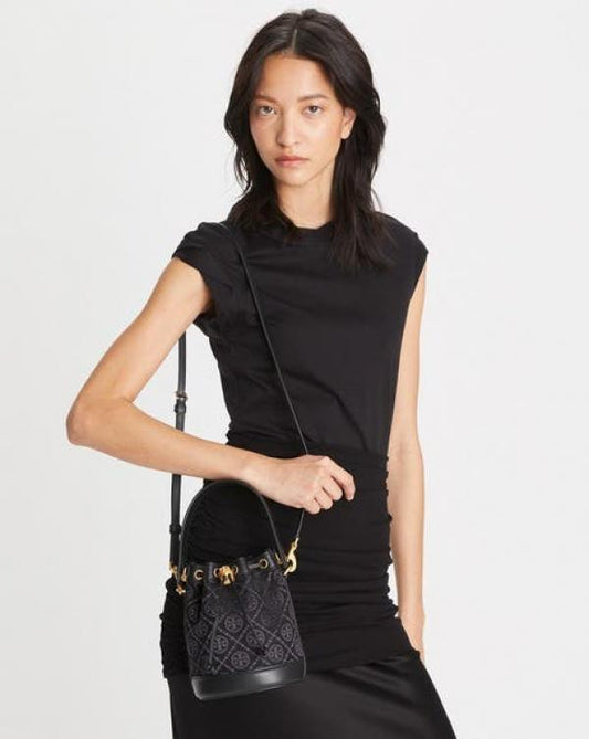 Tory Burch T Monogram Jacquard Bucket Bag Black