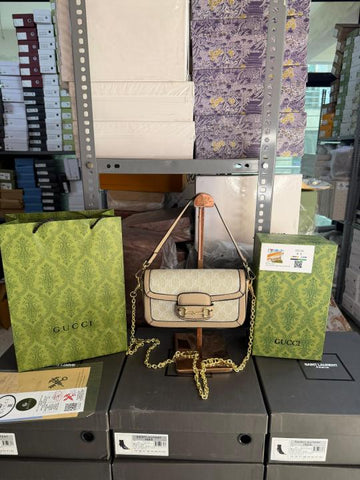 Gucci Horse Bit GG Monogram Crossbody Sling With OG Box Dust Bag 88228 Beige