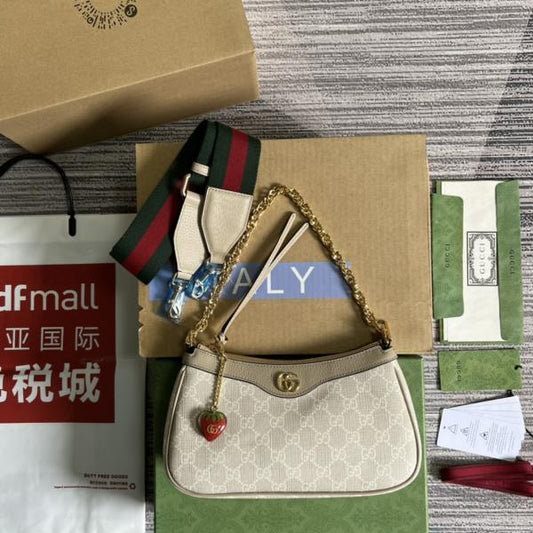 Gucci Ophidia GG Supreme Shoulder Bag With OG Box Dust Cover & Carry Bag 735132 Beige Strawberry