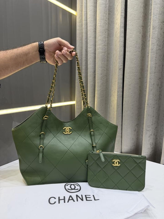 CHANEL CALFSKIN GREEN TOTE BAG PREMIUM WITH EXTRA POUCH & DUST BAG