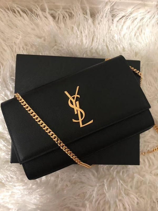 Saint Laurent Kate Small Shoulder Bag featuring a prominent gold-tone logo