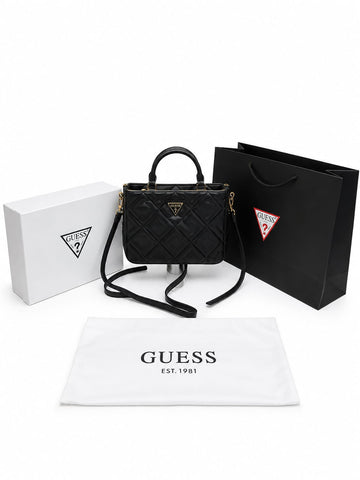 Guess Zaina Textured Structured HandBag With Box And Dust Bag Including Carry Bag (Black)