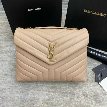 YSL Saint Laurent Loulou Quilted Soft Leather Shoulder Bag Chain Strap With OG Box Dust Cover Apricot Gold