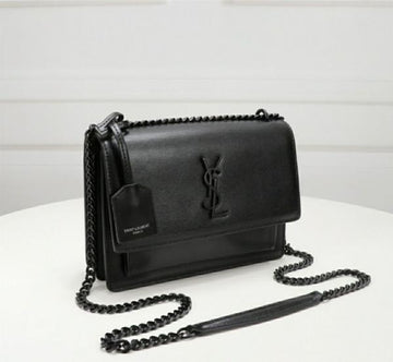 Ysl Saint Laurent Sunset Medium Leather Shoulder Bag Black With OG Box & Carry Bag Black