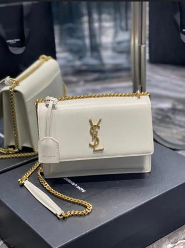Ysl Saint Laurent Sunset Medium Leather Shoulder Bag White With OG Box & Carry Bag White