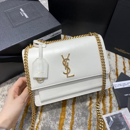 Ysl Saint Laurent Sunset Medium Leather Shoulder Bag White With OG Box & Carry Bag White