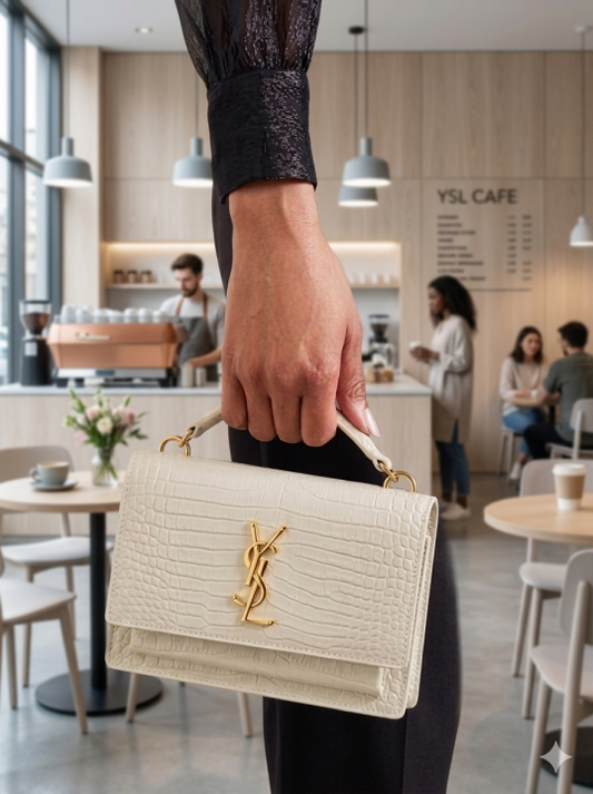 Ysl Saint Laurent Sunset shoulder bag features crocodile-embossed leather and signature gold-tone