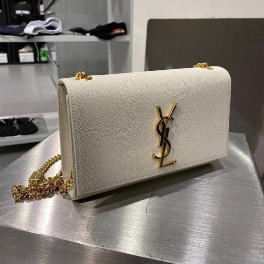 Saint Laurent Kate Small Shoulder Bag featuring a prominent gold-tone logo