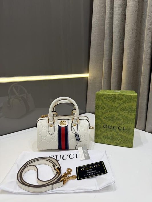 GUCCI OPHIDIA MINI BOSTON BAG WHITE EMBOSSED PREMIUM WITH OG BOX