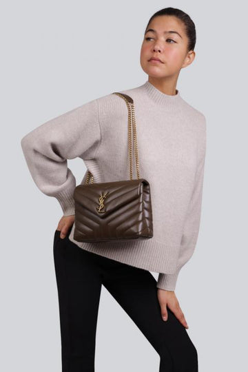 YSL Saint Laurent Loulou Quilted Soft Leather Shoulder Bag Chain Strap With OG Box Dust Cover Coffee Gold