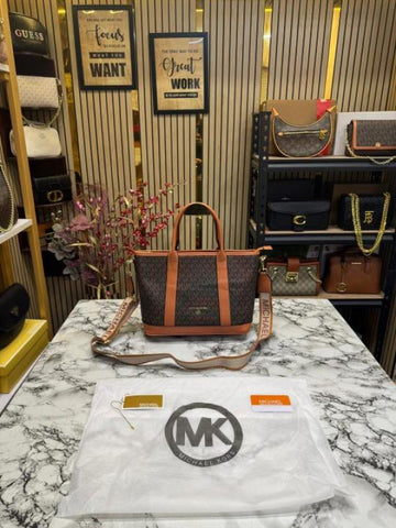Michael Kors Logo Signature Satchel Handbag With Dust Bag