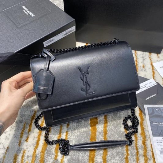 Ysl Saint Laurent Sunset Medium Leather Shoulder Bag Black With OG Box & Carry Bag Black