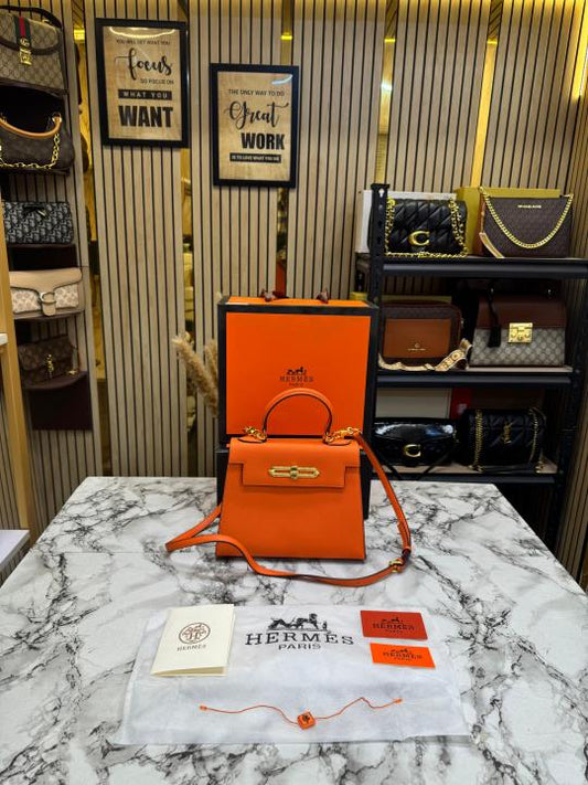 Herme_s Kelly Mini II Epsom Leather Top Handle Bag With Box And Dust Bag (Orange) (985)
